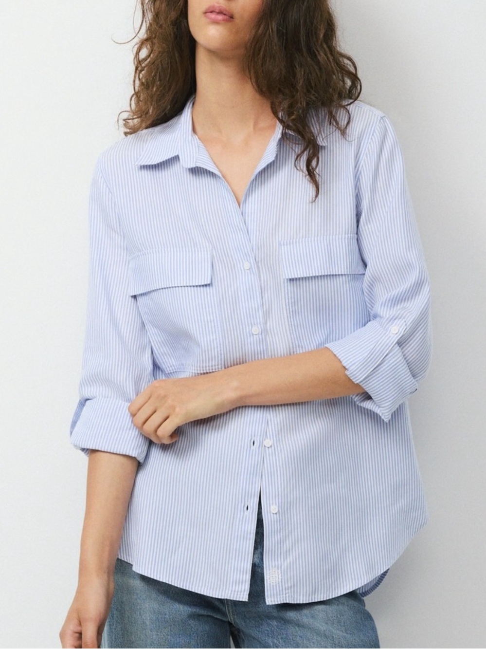 Babaton Aritzia Utility Shirt in Stripes Blue and White
